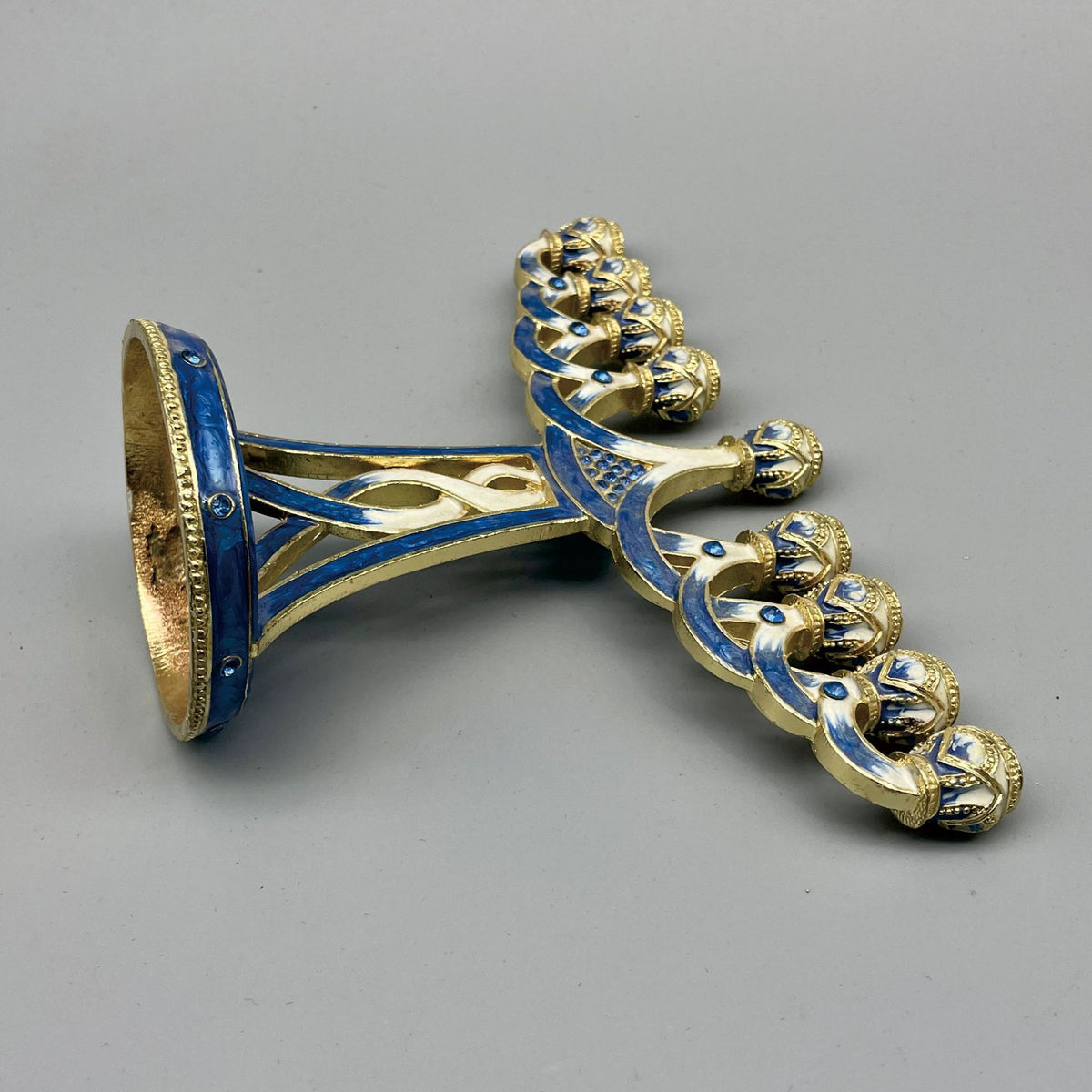 Designer Blue Enamel Hanukkah Menorah, Gold Lattice Stem