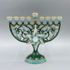 Designer Teal Enamel Hanukkah Menorah, Lapis Blue Base, 16 cm Tall