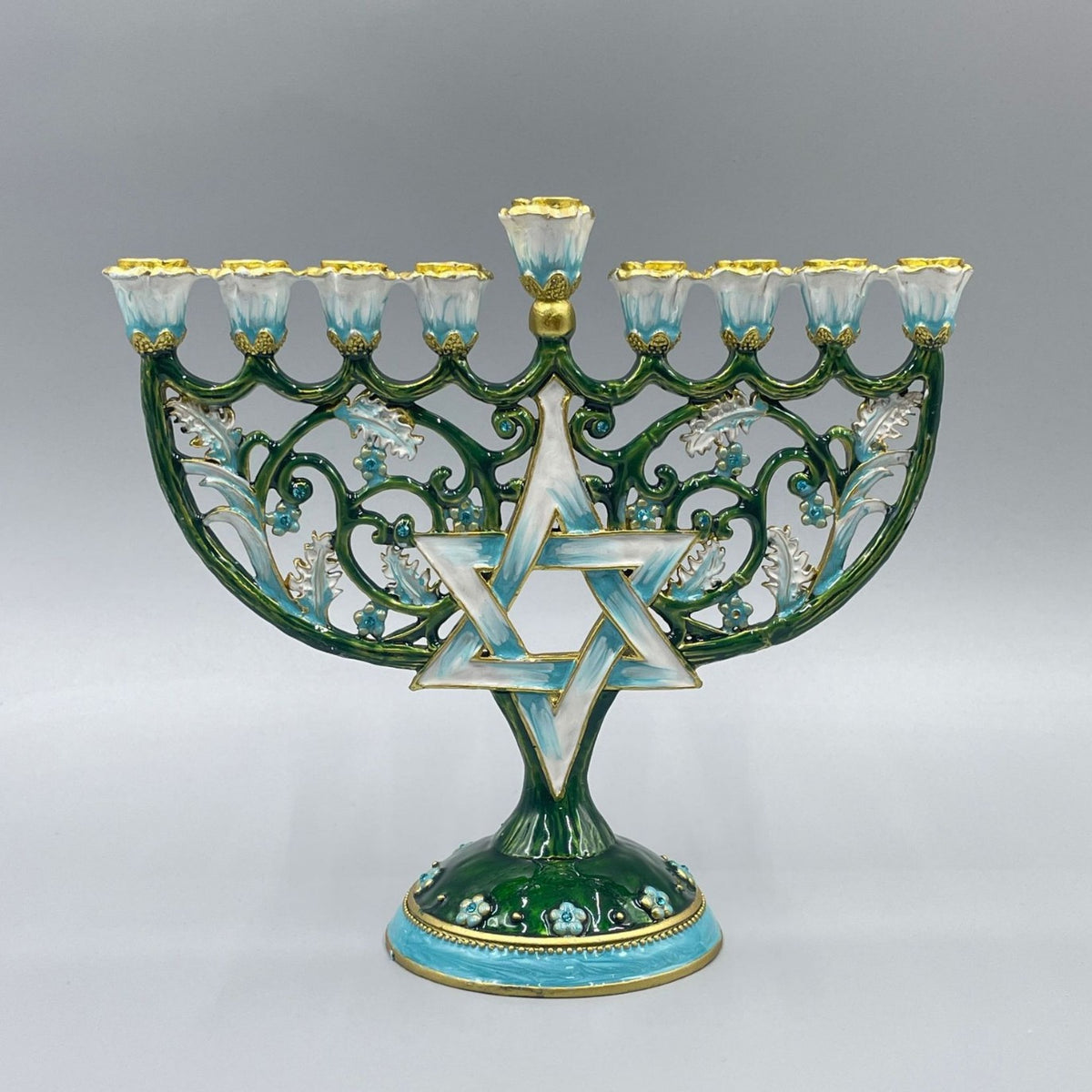 Designer Arch Hanukkah Menorah, Purple & Gold Enamel, 18 cm Tall
