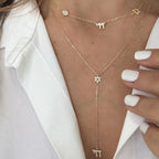 Star of David & Chai Lariat Necklace in Gold Plated 925 Sterling Silver, Cubic Zirconia