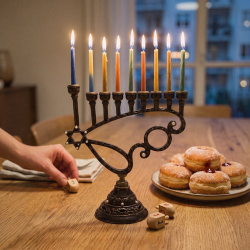 Antique Bronze Hanukkah Menorah, Scroll Design, 17 cm Tall - at home