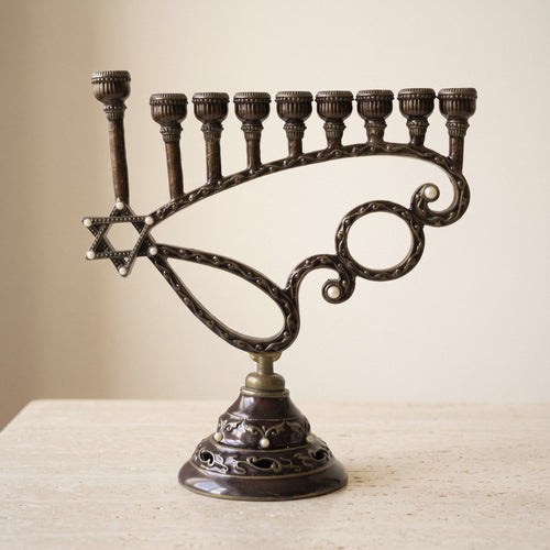 Antique Bronze Hanukkah Menorah, Scroll Design, 17 cm Tall