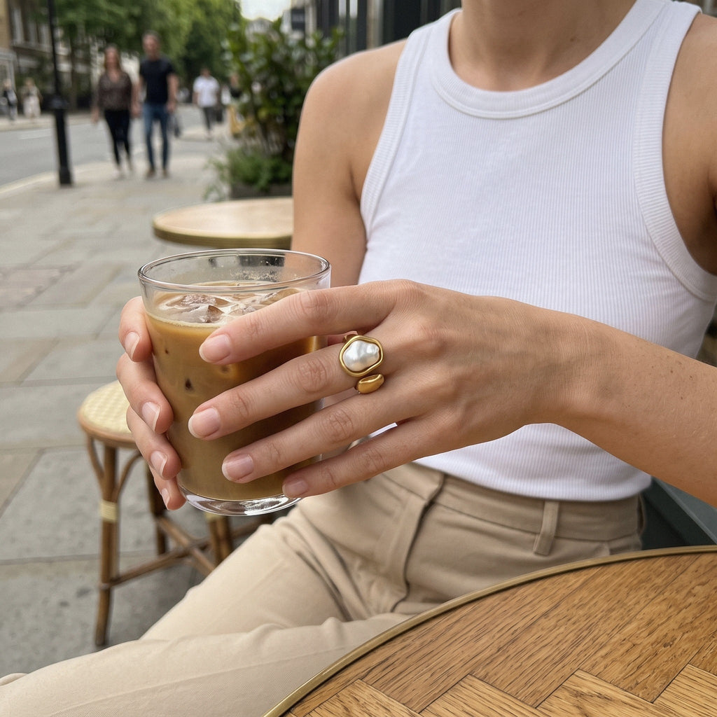 Baroque Pearl & Gold Nugget Ring in 18K Gold-Plated Stainless Steel, Open Band - everyday wear 2