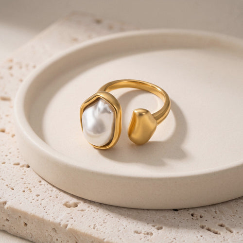 Baroque Pearl & Gold Nugget Ring in 18K Gold-Plated Stainless Steel, Open Band