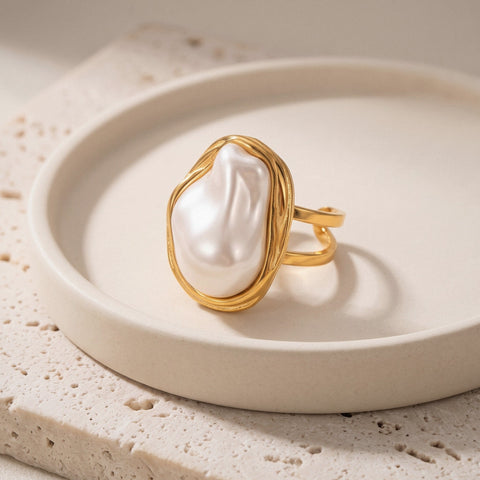 Statement Baroque Pearl Ring in 18K Gold-Plated Stainless Steel