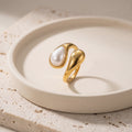 Pearl & Gold Teardrop Ring in 18K Gold-Plated Stainless Steel