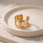 Double Pearl Wide Band Ring in 18K Gold-Plated Stainless Steel