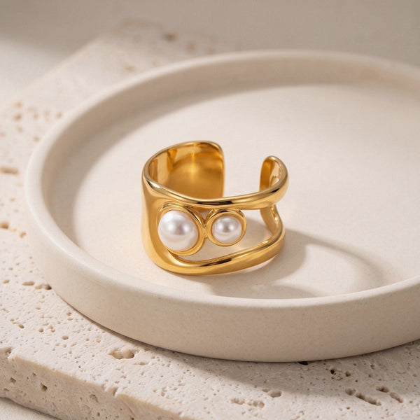 Double Pearl Wide Band Ring in 18K Gold-Plated Stainless Steel