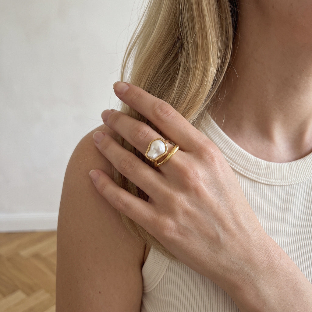 Baroque Pearl Wrap Ring in 18K Gold-Plated Stainless Steel - everyday wear