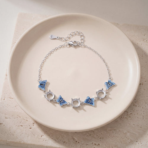 Blue Butterfly Link Bracelet in 925 Sterling Silver, Enamel Butterflies