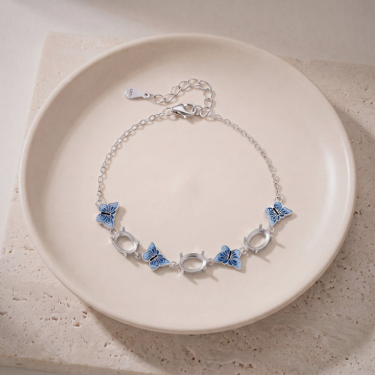 Blue Butterfly Link Bracelet in 925 Sterling Silver, Enamel Butterflies - Oval