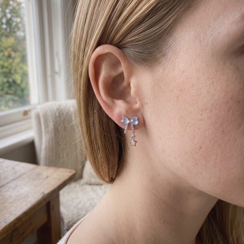 Bow Earrings in 925 Sterling Silver, Pastel Crystal with Star Drop - everyday wear