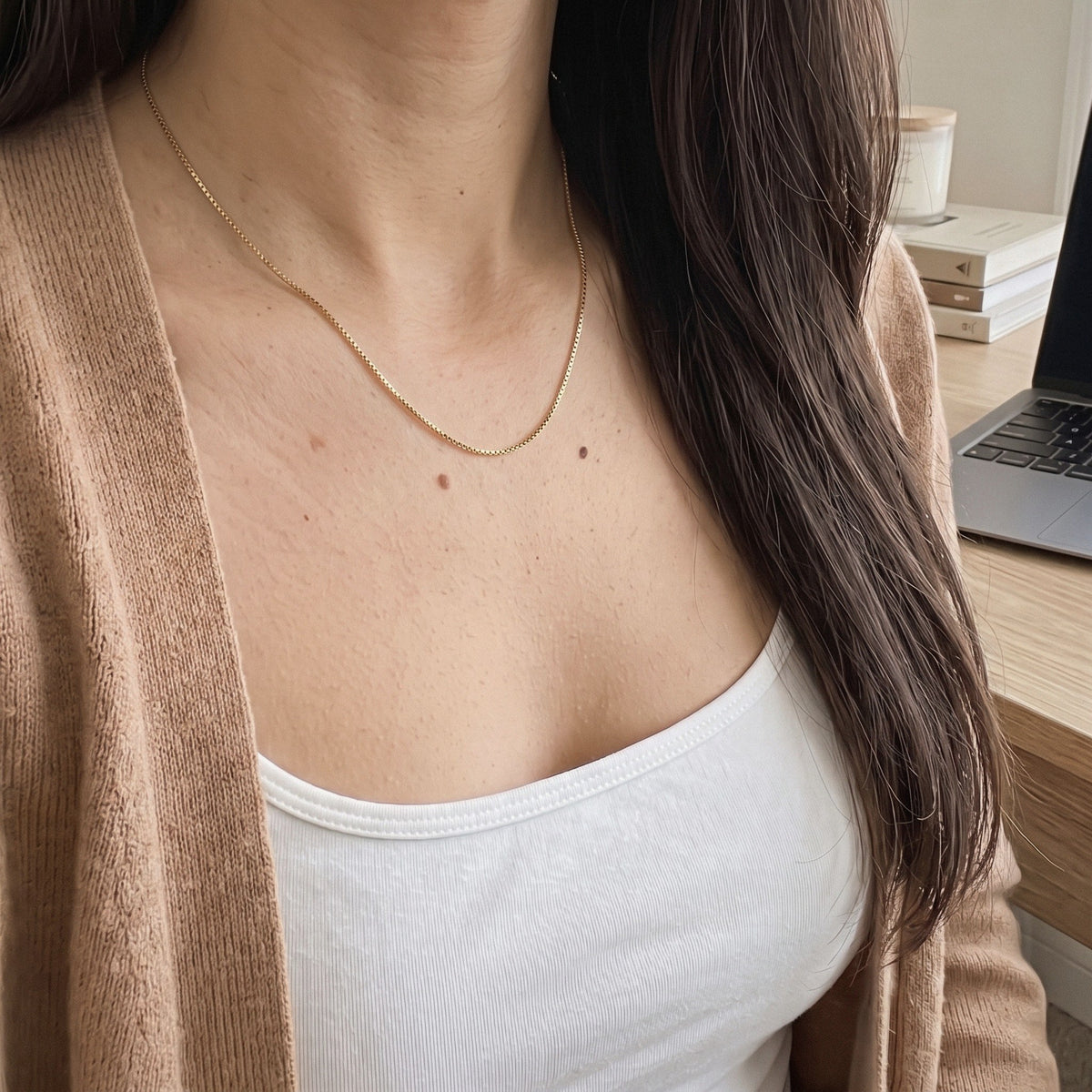 Box Chain Necklace in Gold Plated 925 Sterling Silver, 18 Inch Adjustable - everyday wear