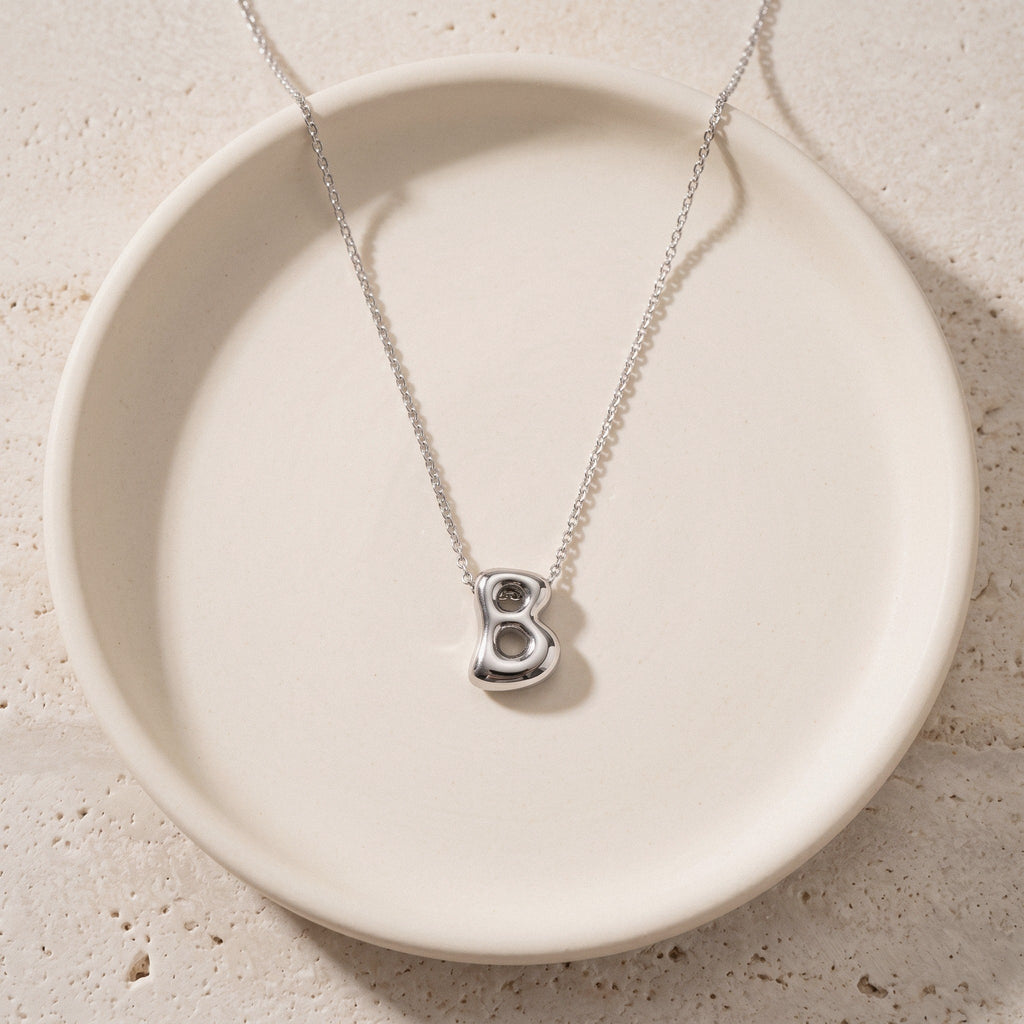 Initial Necklace in 18K Gold-Plated Stainless Steel, Bubble Letter - Silver