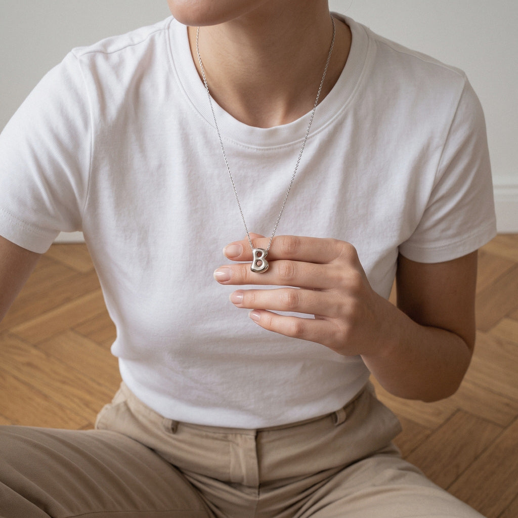 Initial Necklace in 18K Gold-Plated Stainless Steel, Bubble Letter - everyday wear