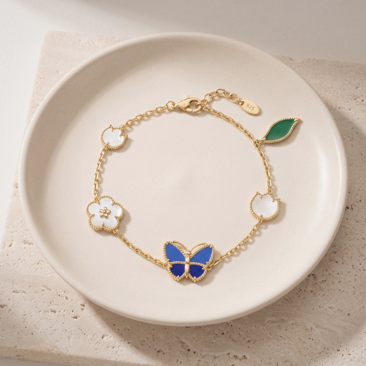 Butterfly & Flower Bracelet in 925 Sterling Silver, Mother-of-Pearl Enamel