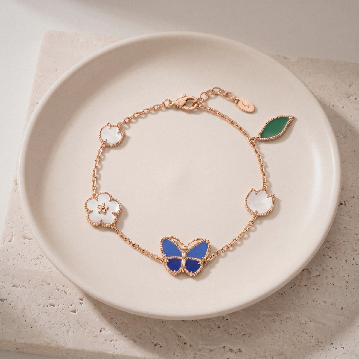 Butterfly & Flower Bracelet in 925 Sterling Silver, Mother-of-Pearl Enamel - Rose Gold