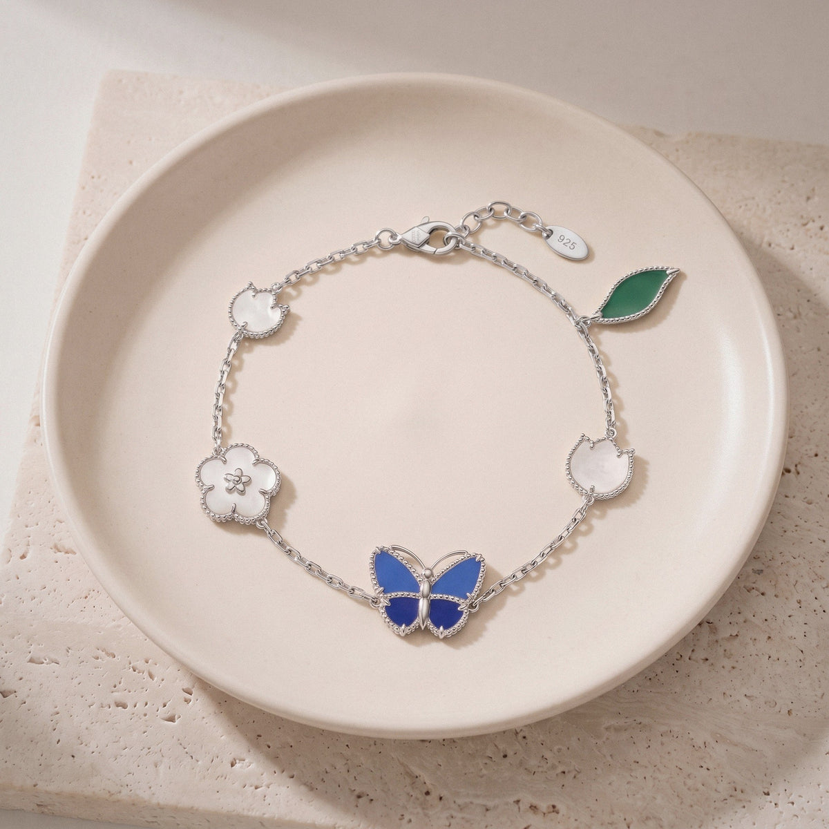 Butterfly & Flower Bracelet in 925 Sterling Silver, Mother-of-Pearl Enamel - Silver