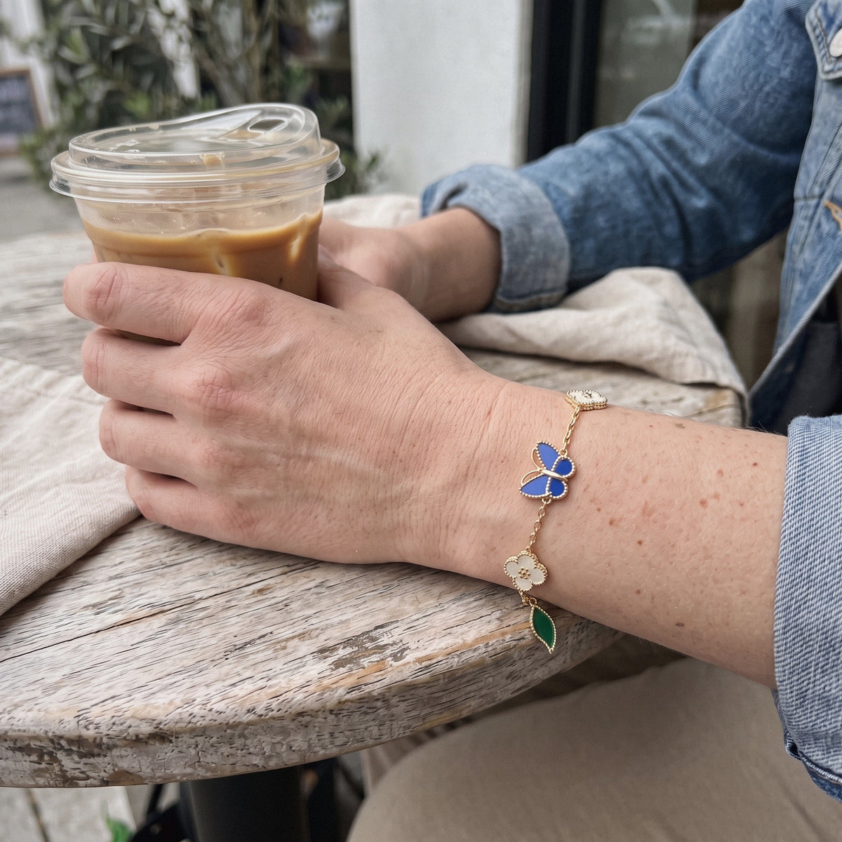 Butterfly & Flower Bracelet in 925 Sterling Silver, Mother-of-Pearl Enamel - everyday wear