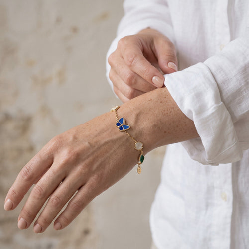 Butterfly & Flower Bracelet in 925 Sterling Silver, Mother-of-Pearl Enamel - worn