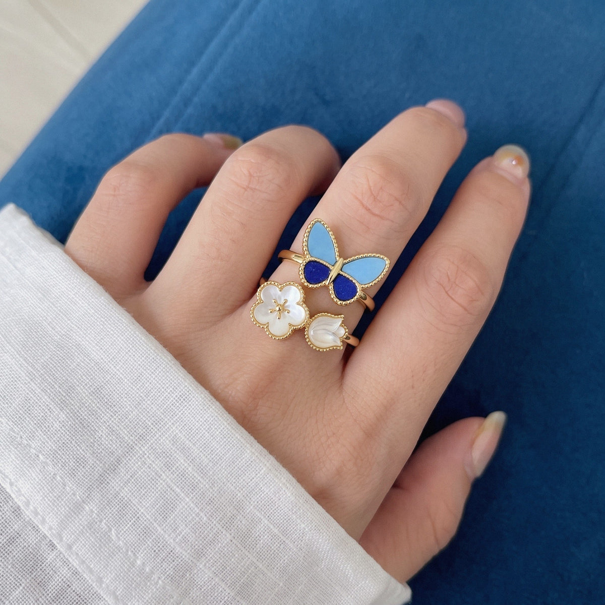 Butterfly & Flower Ring in 925 Sterling Silver, Blue Enamel