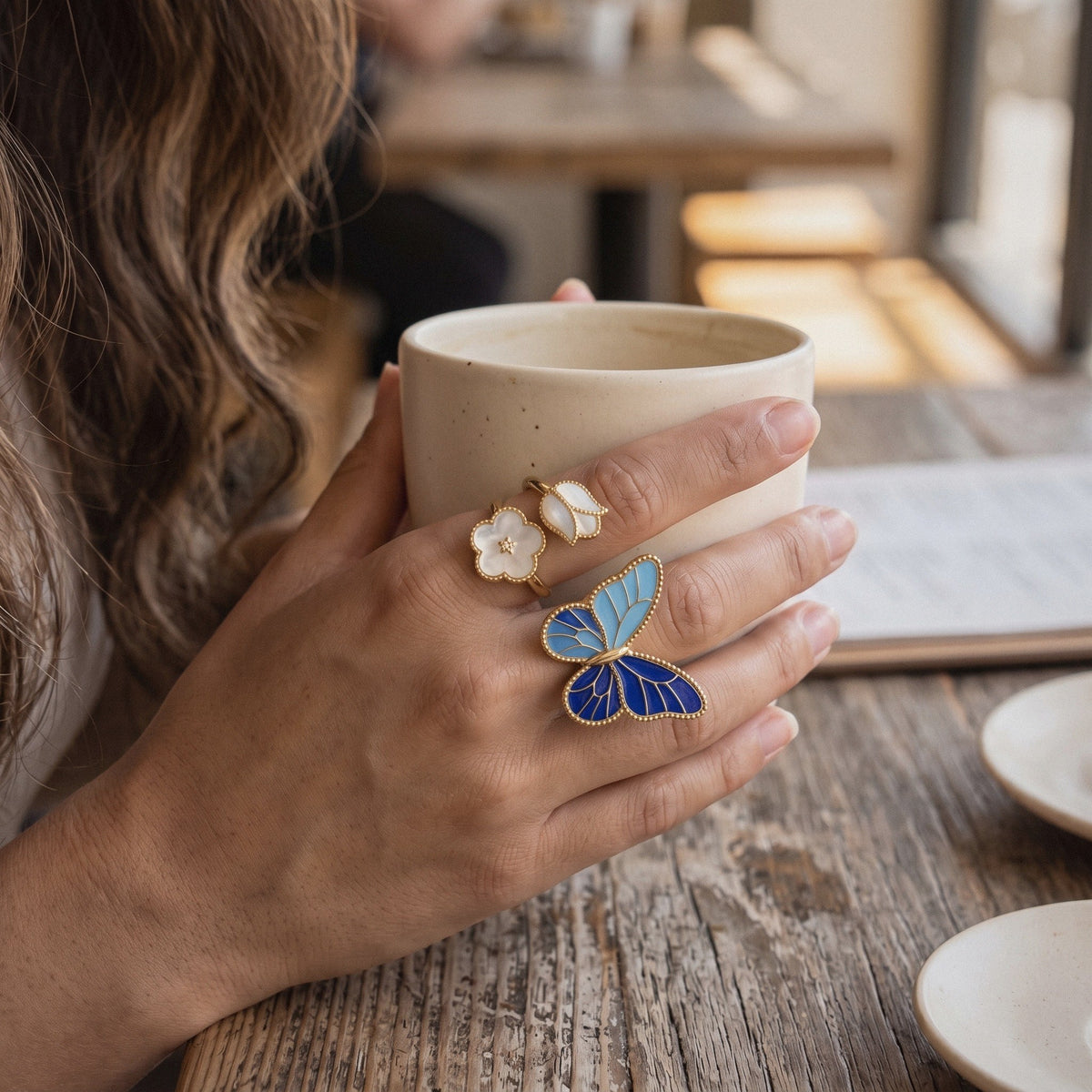 Butterfly & Flower Ring in 925 Sterling Silver, Blue Enamel - worn