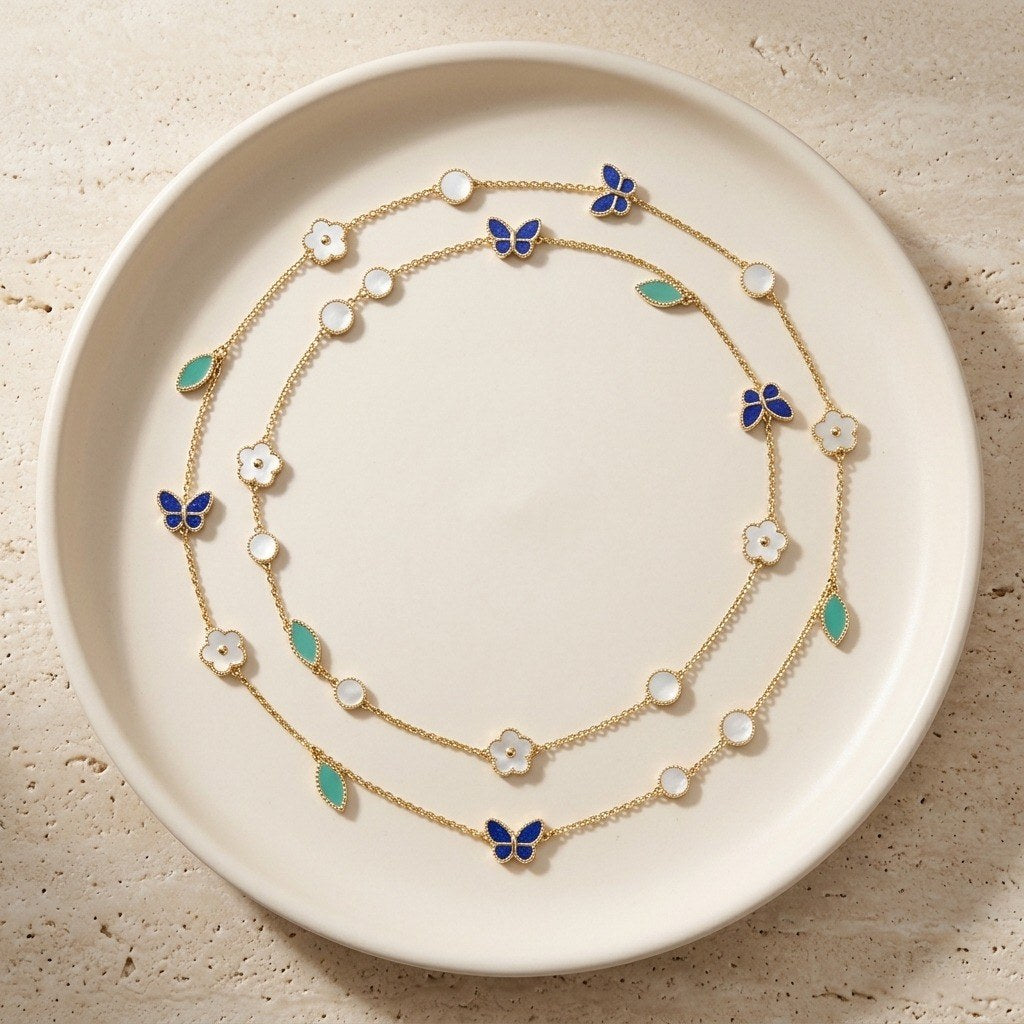 Butterfly & Flower Station Necklace in 925 Sterling Silver, Mother-of-Pearl Enamel