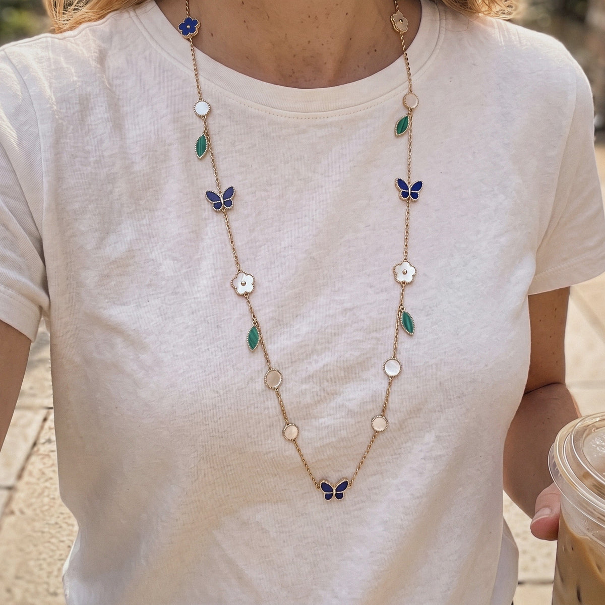 Butterfly & Flower Station Necklace in 925 Sterling Silver, Mother-of-Pearl Enamel - everyday wear