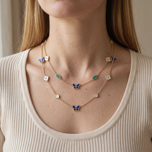 Butterfly & Flower Station Necklace in 925 Sterling Silver, Mother-of-Pearl Enamel - worn