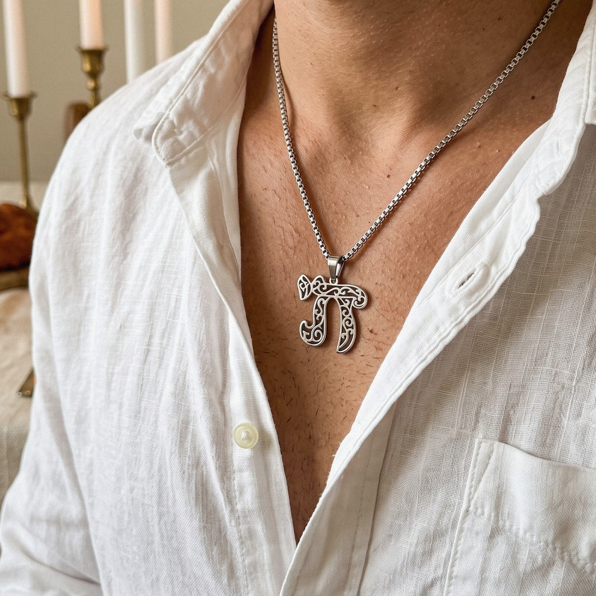 Chai Necklace, Silver-Tone Filigree Pendant on 20 Inch Box Chain - everyday wear