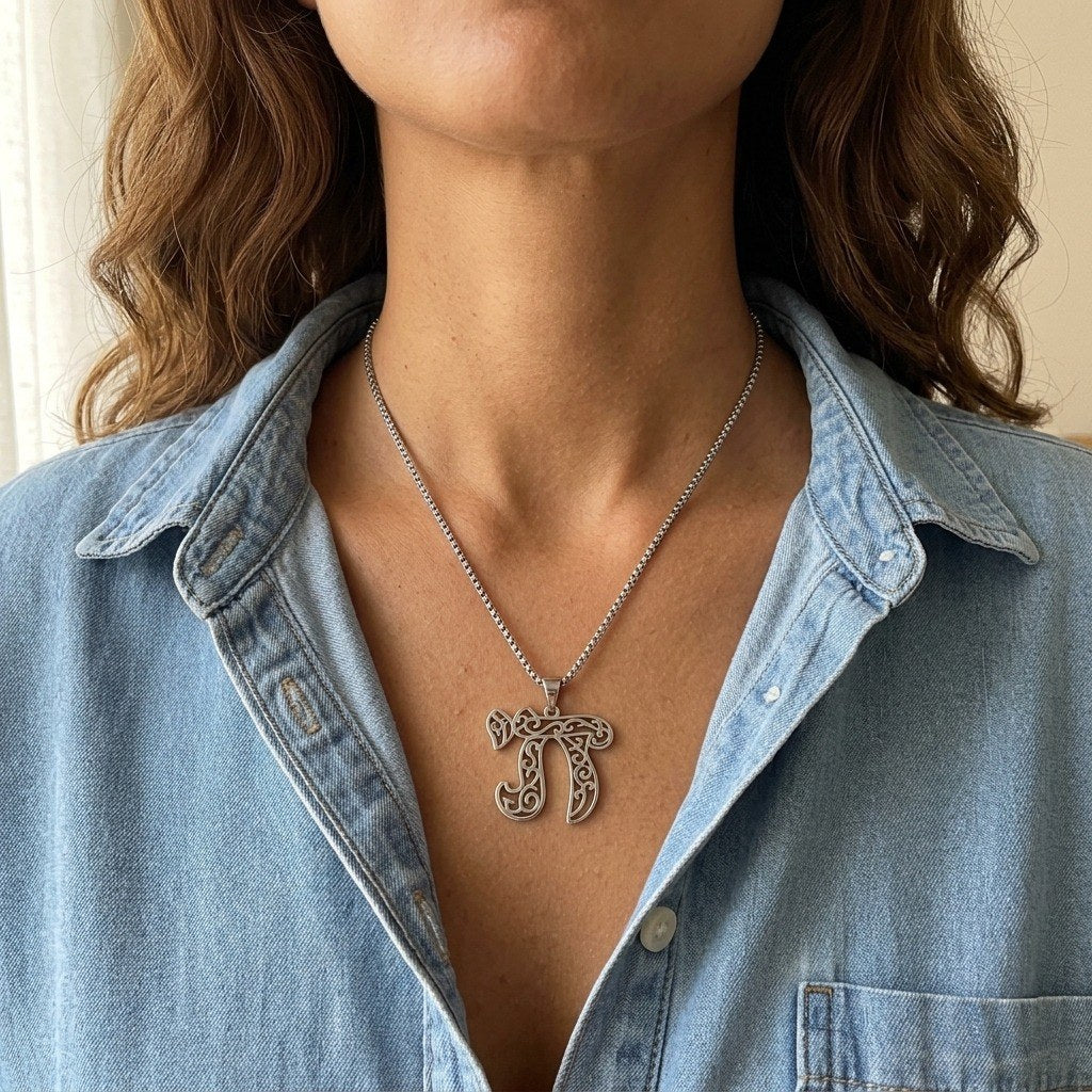 Chai Necklace, Silver-Tone Filigree Pendant on 20 Inch Box Chain - worn