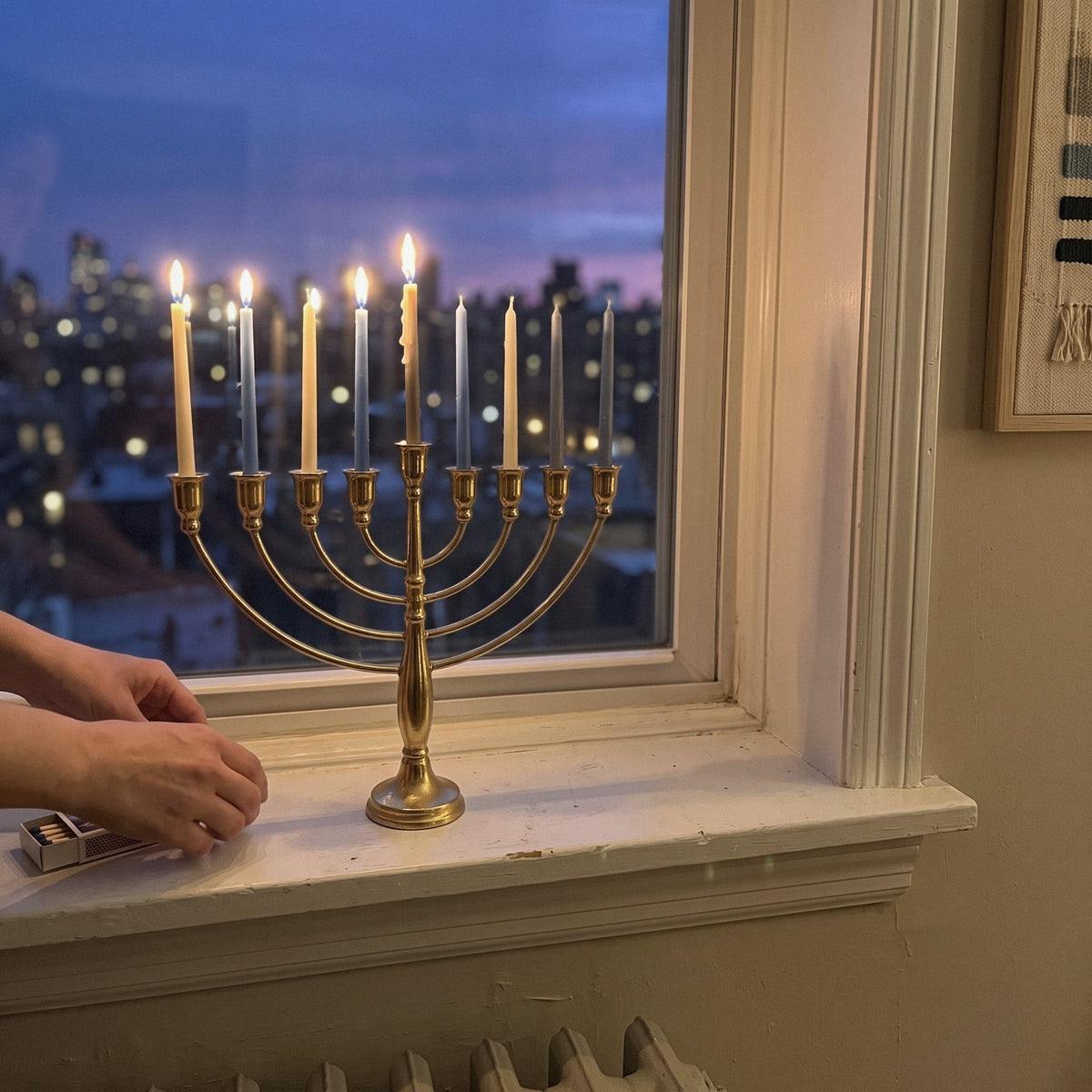Classic Gold Menorah, 30 cm Tall, 9-Branch Hanukkah or 7-Branch Temple Style - at home