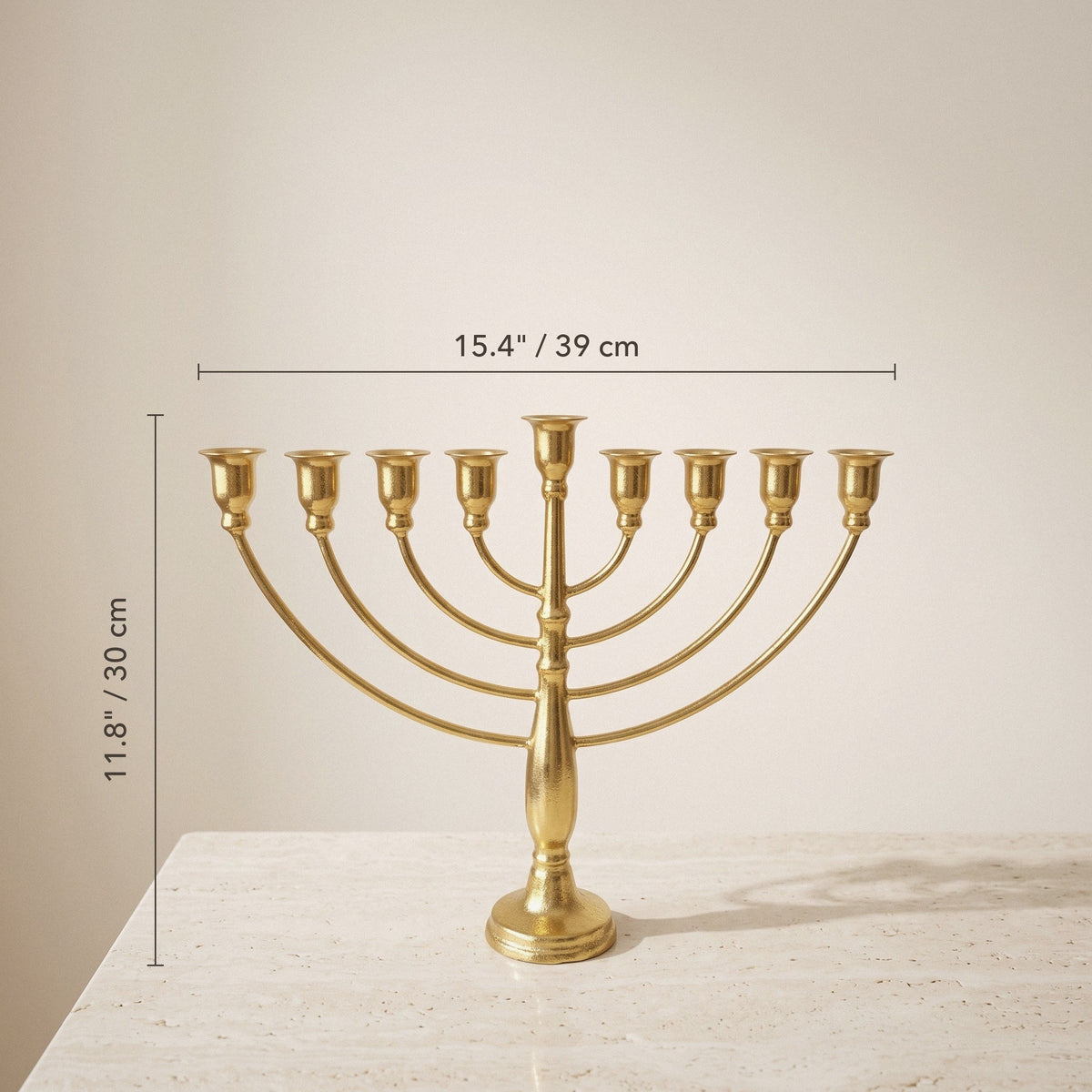 Classic Gold Menorah, 30 cm Tall, 9-Branch Hanukkah or 7-Branch Temple Style - size and dimensions