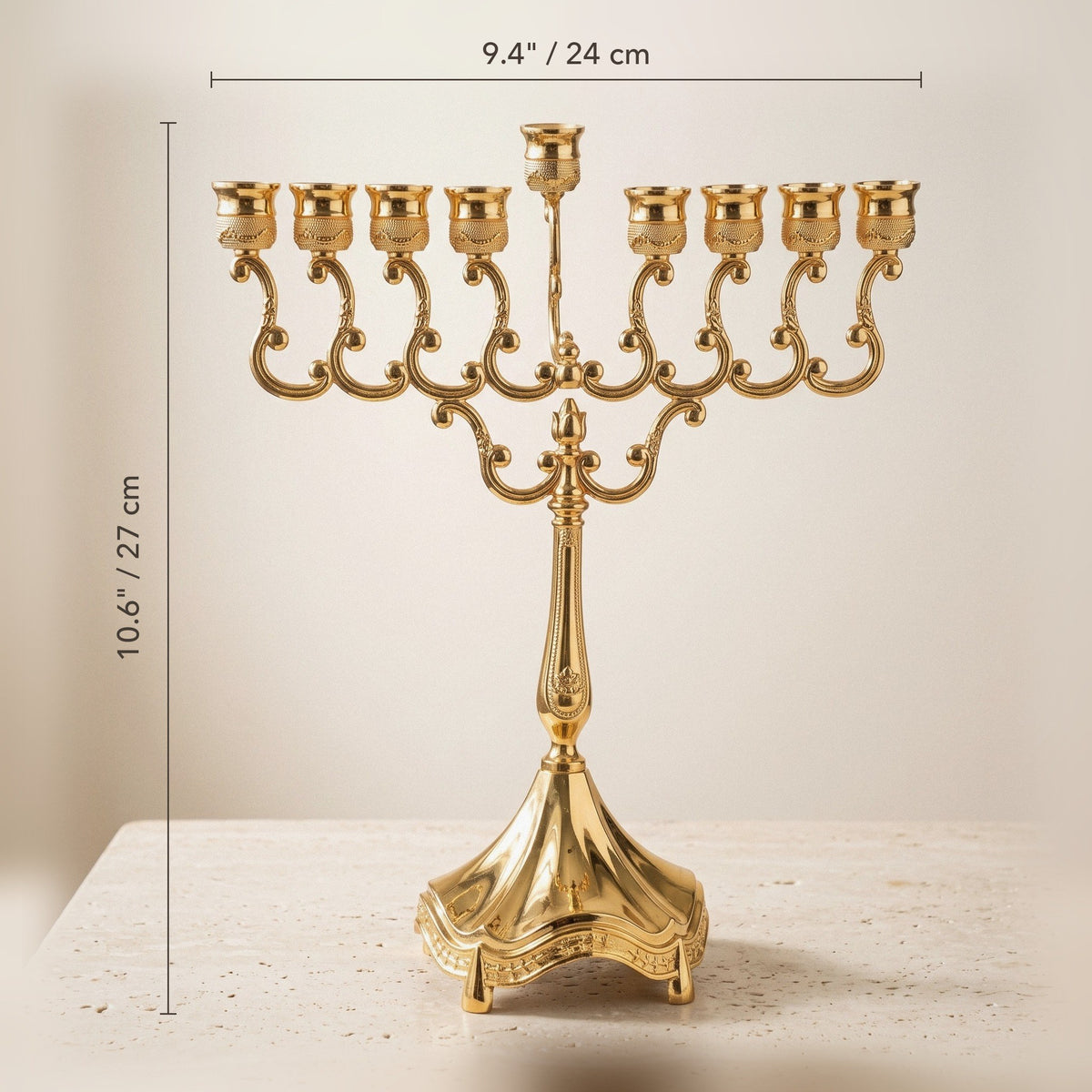 Classic Hanukkah Menorah, Polished Silver or Gold Finish, 12 Inch Tall - size and dimensions