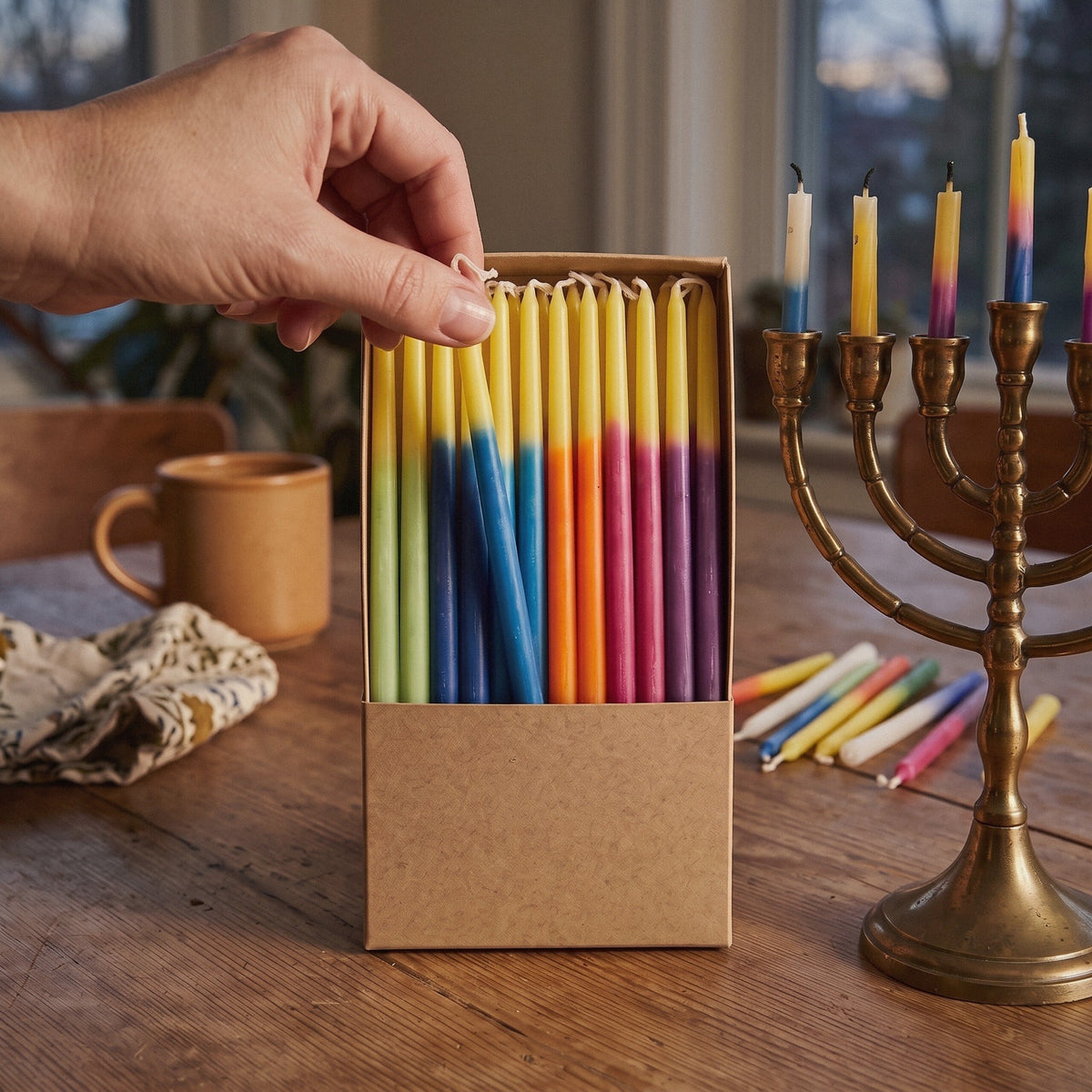 Colorful Hanukkah Candles, Beeswax Blend, Fits Standard Menorahs - at home