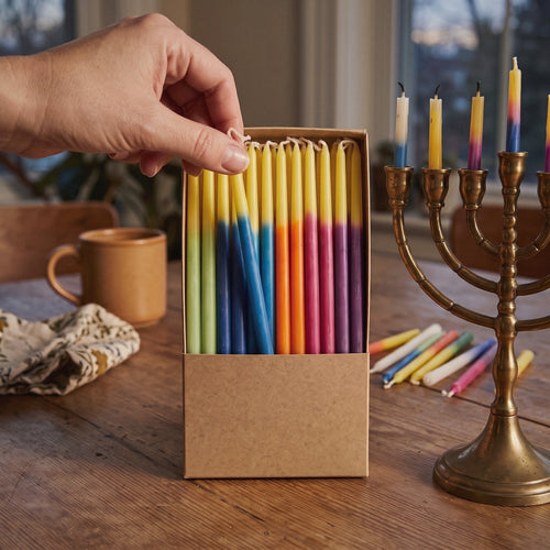 Colorful Hanukkah Candles, Beeswax Blend, Fits Standard Menorahs - at home