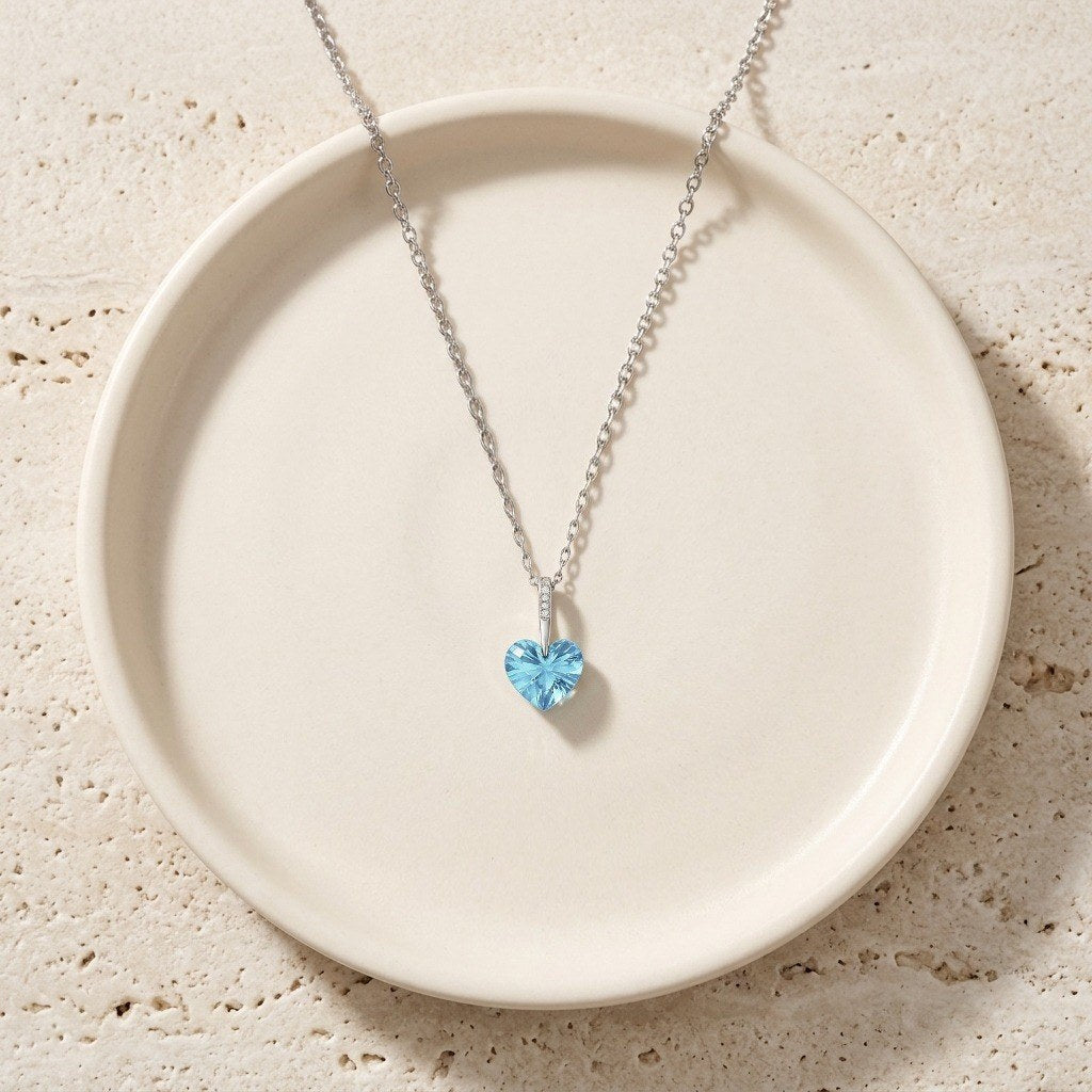 Crystal Heart Necklace in 925 Sterling Silver, 4 Colors - Sky Blue