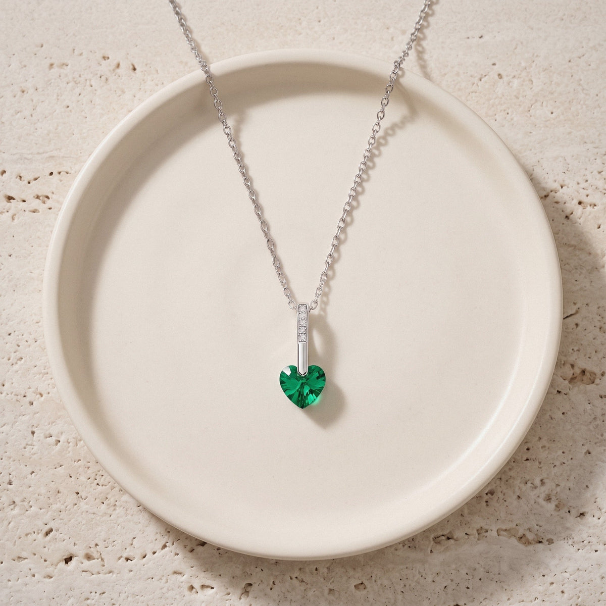 Crystal Heart Necklace in 925 Sterling Silver, 4 Colors - Emerald Green