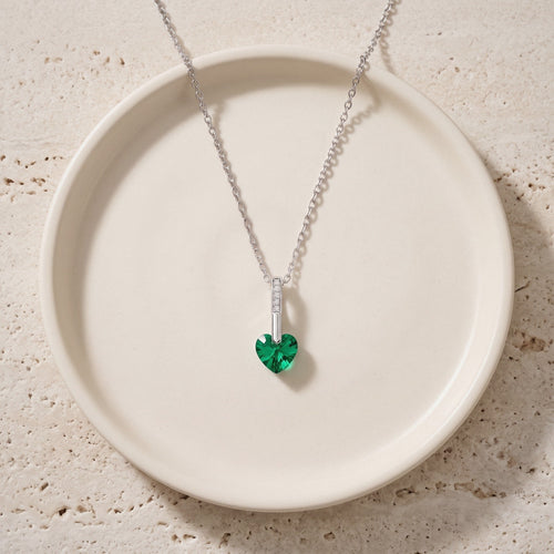Crystal Heart Necklace in 925 Sterling Silver, 4 Colors - Emerald Green