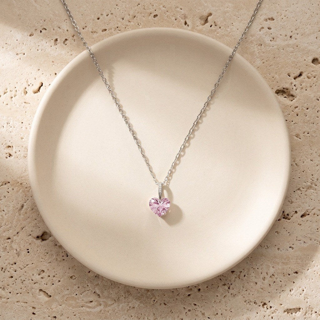 Crystal Heart Necklace in 925 Sterling Silver, 4 Colors - Pink