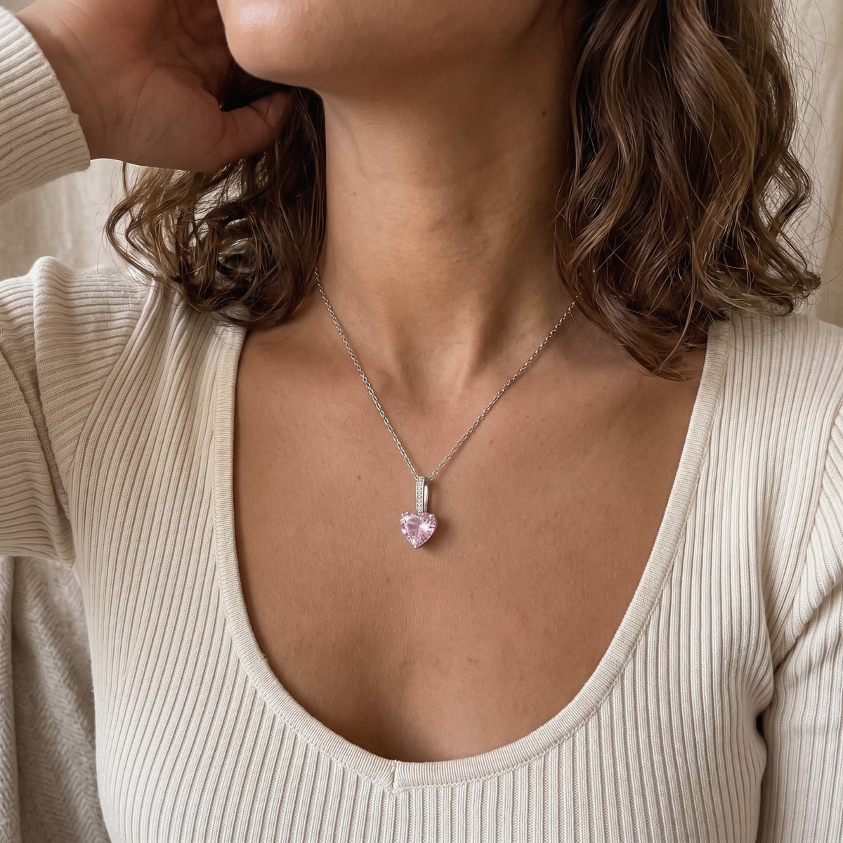 Crystal Heart Necklace in 925 Sterling Silver, 5 Colors - worn