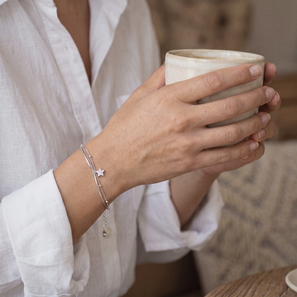 Dainty Star Bracelet in 925 Sterling Silver, Double Strand - worn