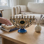 Designer Arch Hanukkah Menorah, Blue Base & Floral Enamel, 19 cm Tall - at home