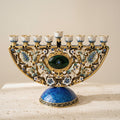 Designer Arch Hanukkah Menorah, Blue Base & Floral Enamel, 19 cm Tall