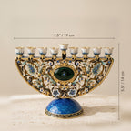 Designer Arch Hanukkah Menorah, Blue Base & Floral Enamel, 19 cm Tall - size and dimensions
