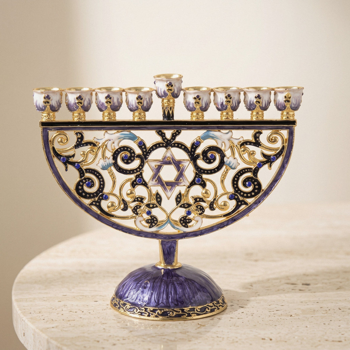 Designer Arch Hanukkah Menorah, Purple & Gold Enamel, 18 cm Tall
