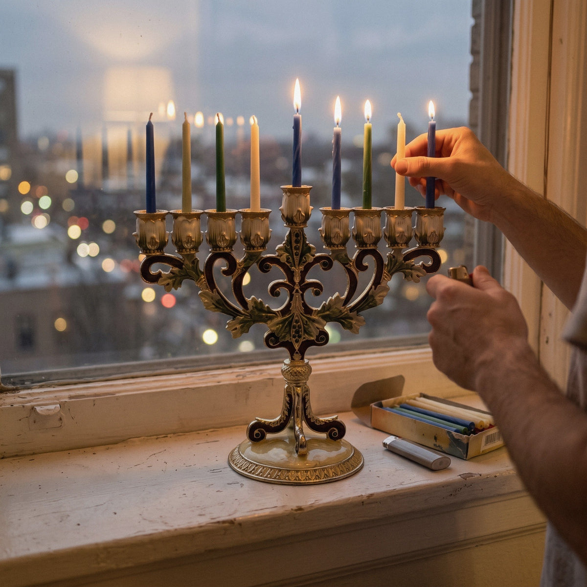 Designer Baroque Hanukkah Menorah, Bronze & Gold Scroll, 16 cm Tall - at home