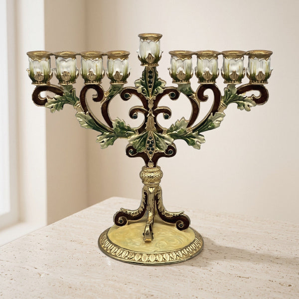 Designer Baroque Hanukkah Menorah, Bronze & Gold Scroll, 6.3 in (16 cm) Tall