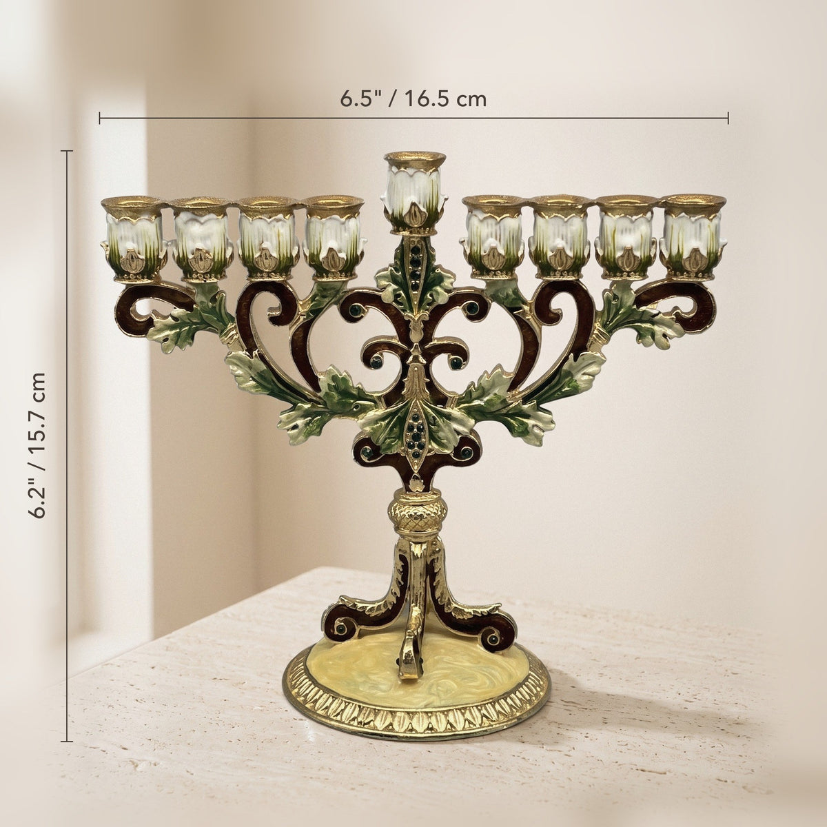 Designer Baroque Hanukkah Menorah, Bronze & Gold Scroll, 16 cm Tall - size and dimensions