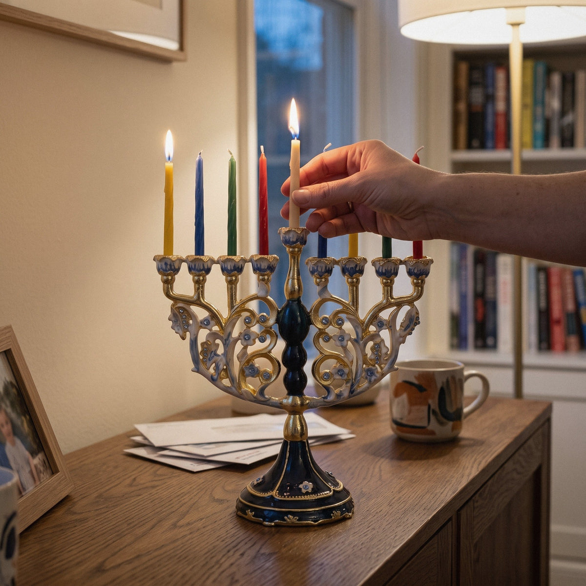 Designer Blue & Gold Hanukkah Menorah, Swirl Crown Design, 16 cm Tall - at home